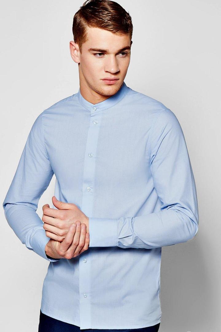 Boohoo Slim Fit Long Sleeve Grandad Collar Shirt Blue