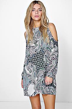 Boohoo Izzy Paisley Open Shoulder Shift Dress