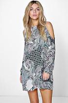 Boohoo Izzy Paisley Open Shoulder Shift Dress