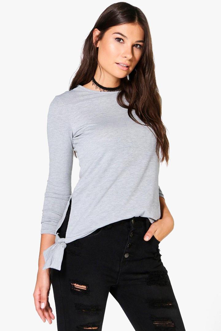 Boohoo Emma Tie Side Fine Knit Jumper Grey