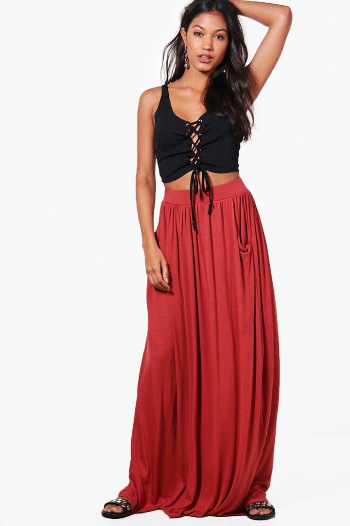 Boohoo Ettie Pocket Front Floor Sweeping Jersey Maxi Skirt Spice