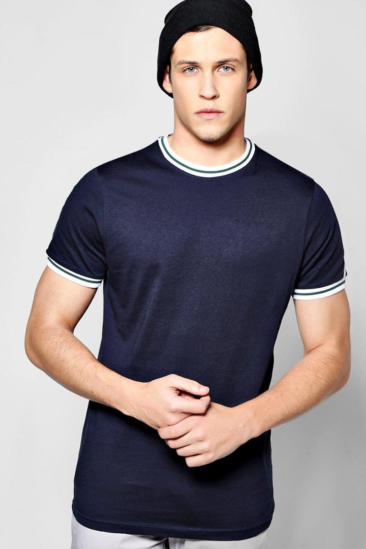Boohoo Sports Stripe T Shirt With Rib Neck Navy