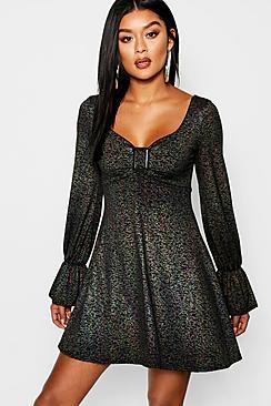 Boohoo Buckle Front Metallic Skater Dress