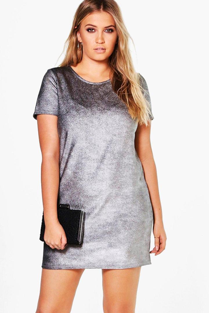 Boohoo Plus Olivia Metallic Ribbed Shift Dress Black