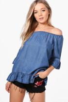 Boohoo Ruffle Denim Look Smock Style Top Blue