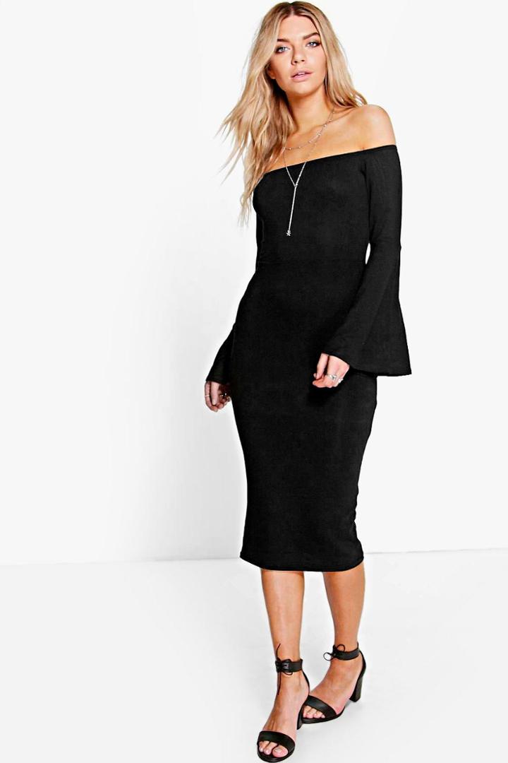 Boohoo Aria Off Shoulder Flared Sleeve Midi Dress Black