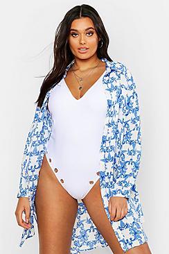 Boohoo Plus Baroque Oversized Beach Shirt Dress
