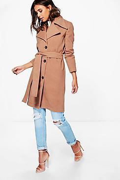 Boohoo Petite Maya Belted Wool Look Robe Duster Coat