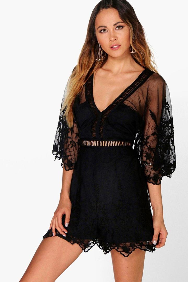 Boohoo Boutique Sandy Crochet Wide Sleeve Playsuit Black