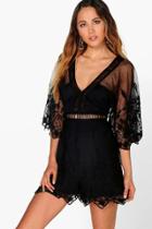 Boohoo Boutique Sandy Crochet Wide Sleeve Playsuit Black