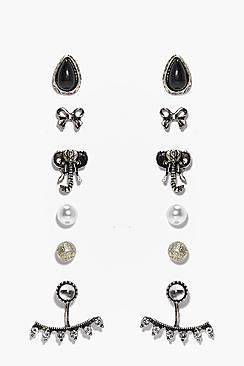 Boohoo Mya Elephant Mixed Stud 6 Earring Set