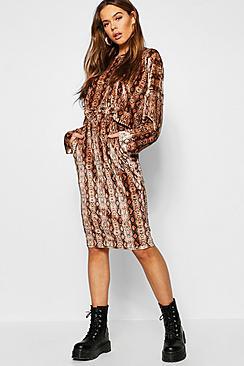 Boohoo Snake Print Velour Oversized Sweat + Midi Skirt Co-ord