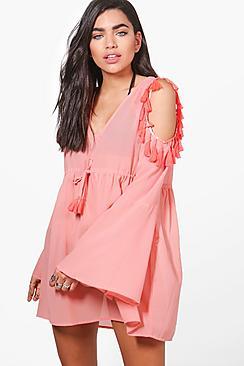 Boohoo Ella Tassel Cold Shoulder Beach Dress