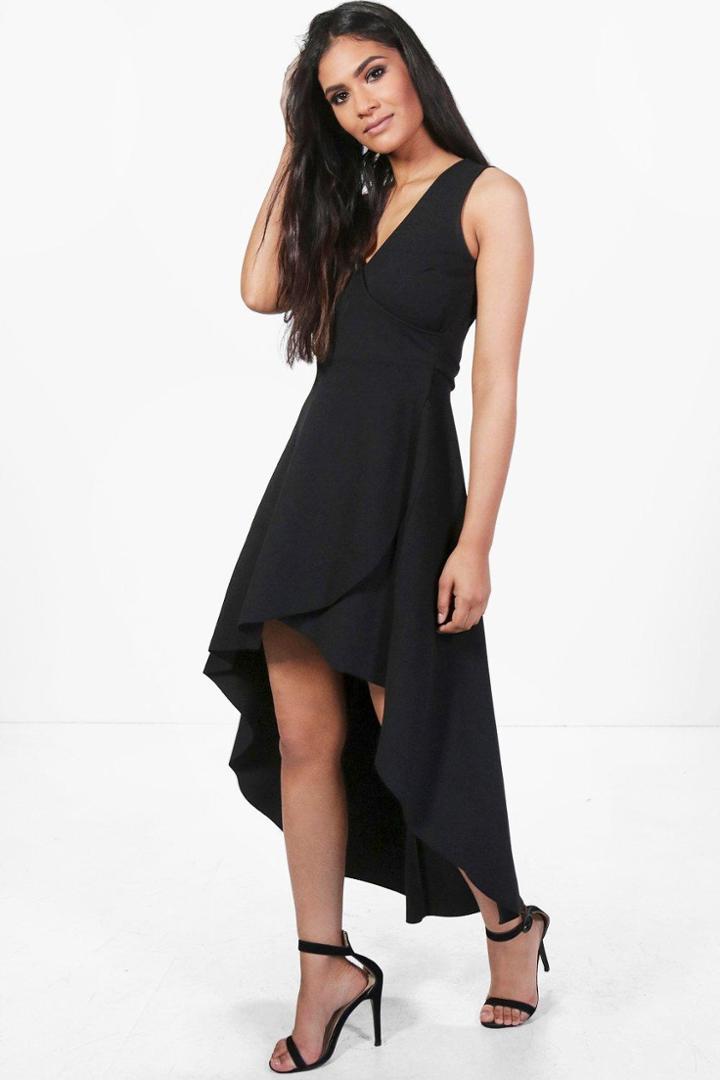 Boohoo Stella Sleeveless Belted High Low Skater Dress Black