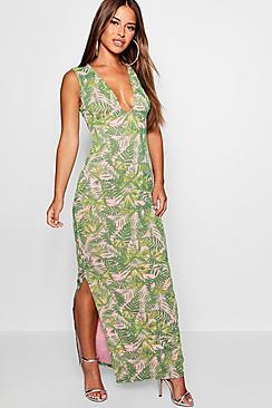 Boohoo Petite Plunge Front Palm Print Jersey Maxi Dress