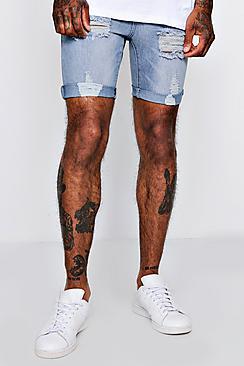 Boohoo Super Skinny Denim Short In Pale Grey With Rips