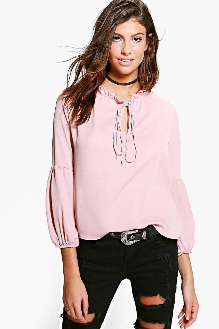 Boohoo Bonnie Ruffle Neck Blouse Nude