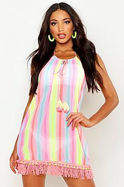 Boohoo Rainbow Pom Pom Beach Dress
