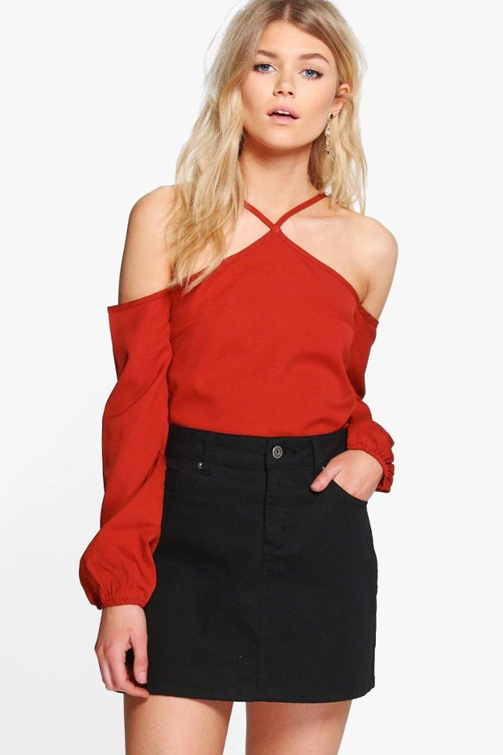 Boohoo Petite Una Open Shoulder Woven Blouse Cinnamon