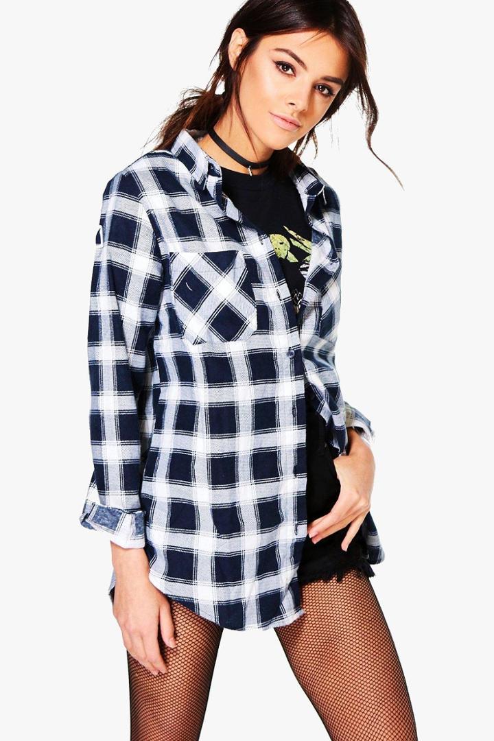 Boohoo Ania Check Flannel Shirt Navy