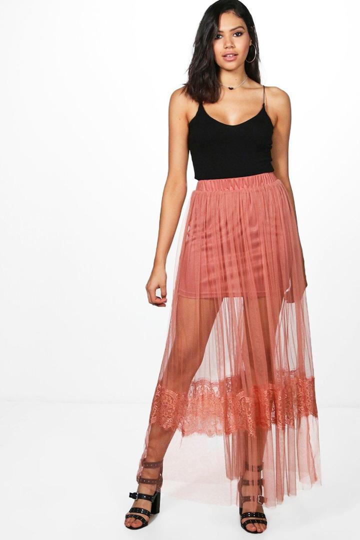 Boohoo Makala Eyelash Lace Tulle Maxi Skirt Rose