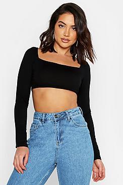 Boohoo Basic Square Neck Long Sleeve Crop Top