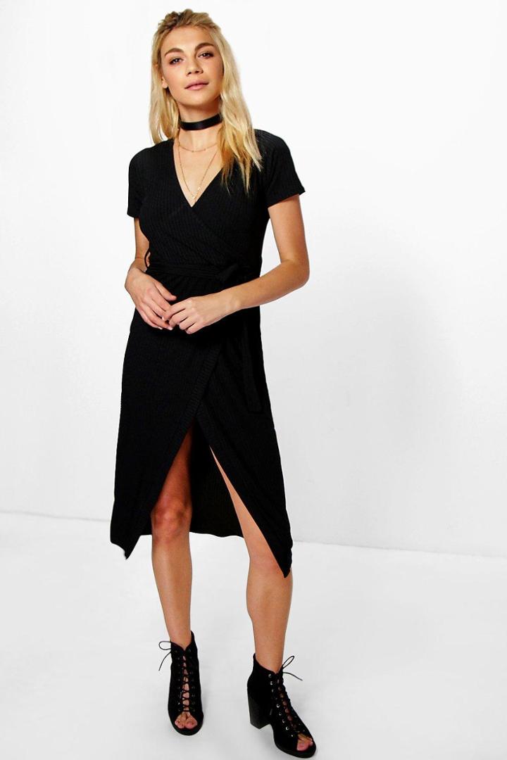 Boohoo Sonya Rib Wrap Midi Dress Black