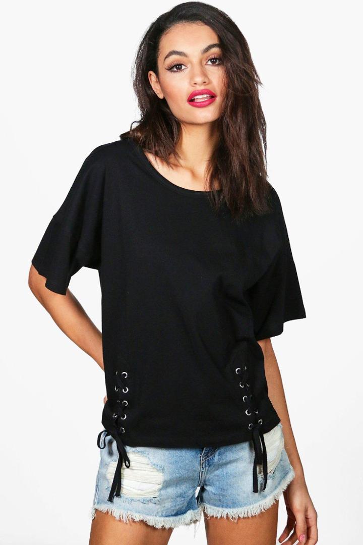 Boohoo Leah Lace Up Front T-shirt Black