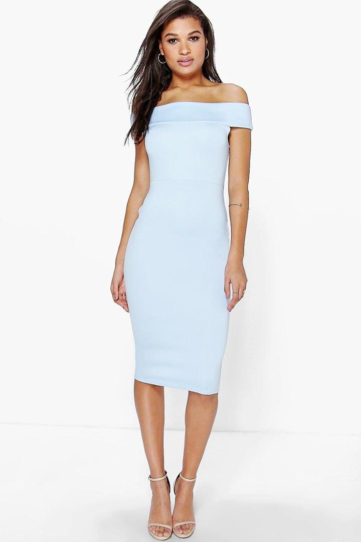 Boohoo Ella Tamsin Off The Shoulder Midi Bodycon Dress Sky
