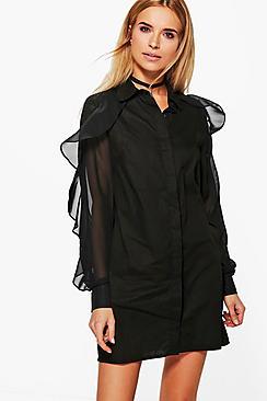 Boohoo Elodie Ruffle Sleeved Woven Shirt Dress