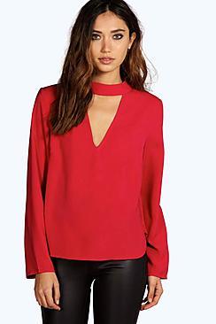 Boohoo Una Open Choker Neck Detail Long Sleeve Blouse