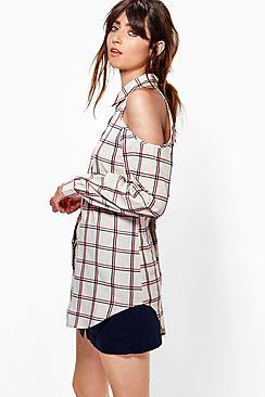 Boohoo Katie Cold Shoulder Check Shirt