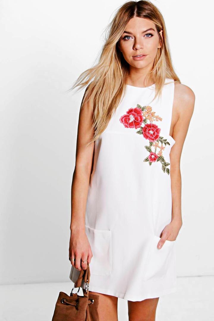 Boohoo Katerina Embroidered Shift Dress White