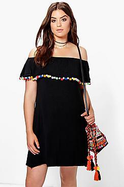 Boohoo Plus Dena Off The Shoulder Pom Pom Shift Dress