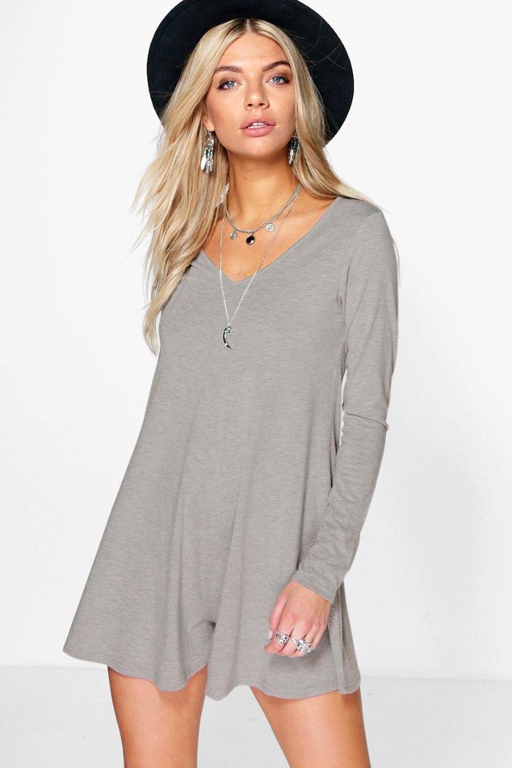 Boohoo Ava Swing Style Long Sleeve Playsuit Grey