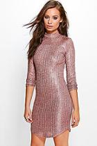 Boohoo Xenia Metallic Rib Roll Neck Bodycon Dress
