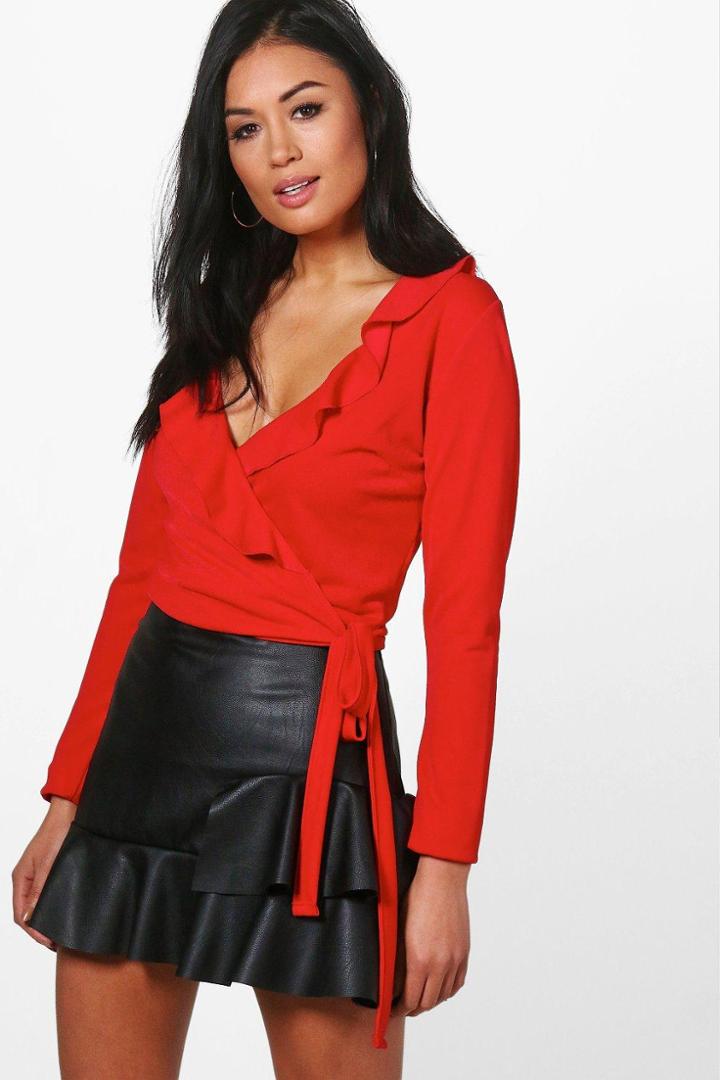 Boohoo Eliza Ruffle Wrap Front Crop Red