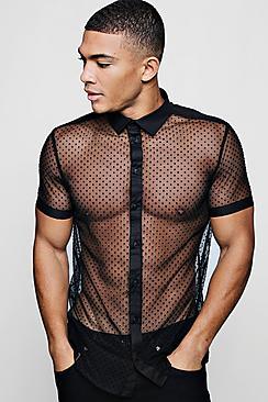 Boohoo Short Sleeve Mesh Shirt With Polka Dot Flock