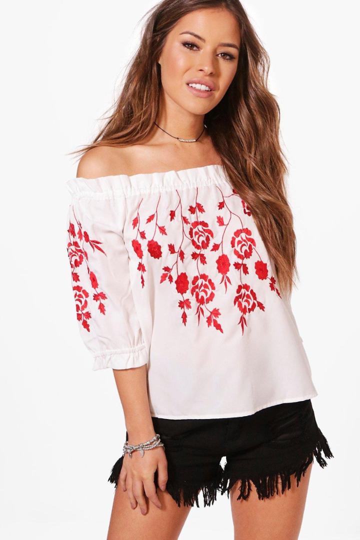 Boohoo Petite Rachel Embroiderd Off Shoulder Top Ivory