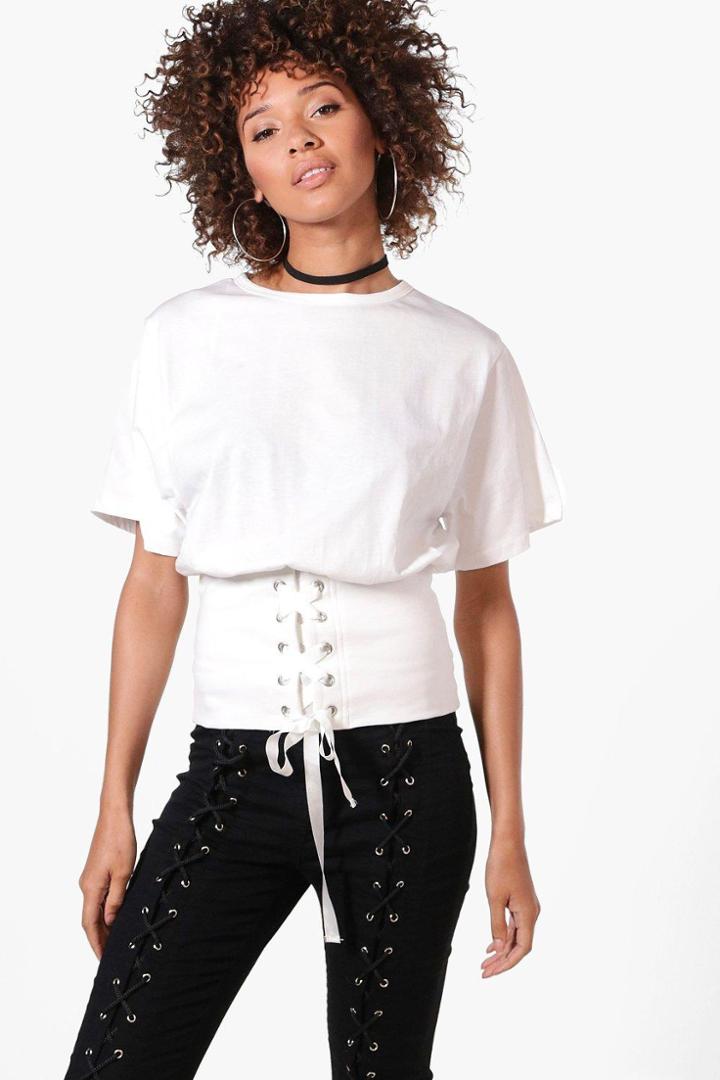 Boohoo Helena Corset Lace Up Tee Ivory