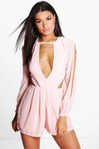 Boohoo Mia Long Sleeve Plunge Cut Out Side Playsuit Blush