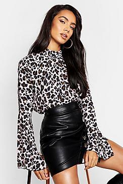 Boohoo Sheered High Neck Flare Sleeve Leopard Print Blouse