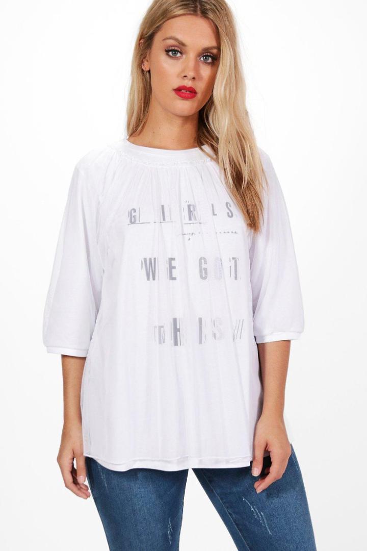Boohoo Plus Laura Slogan Mesh Overlay T-shirt White
