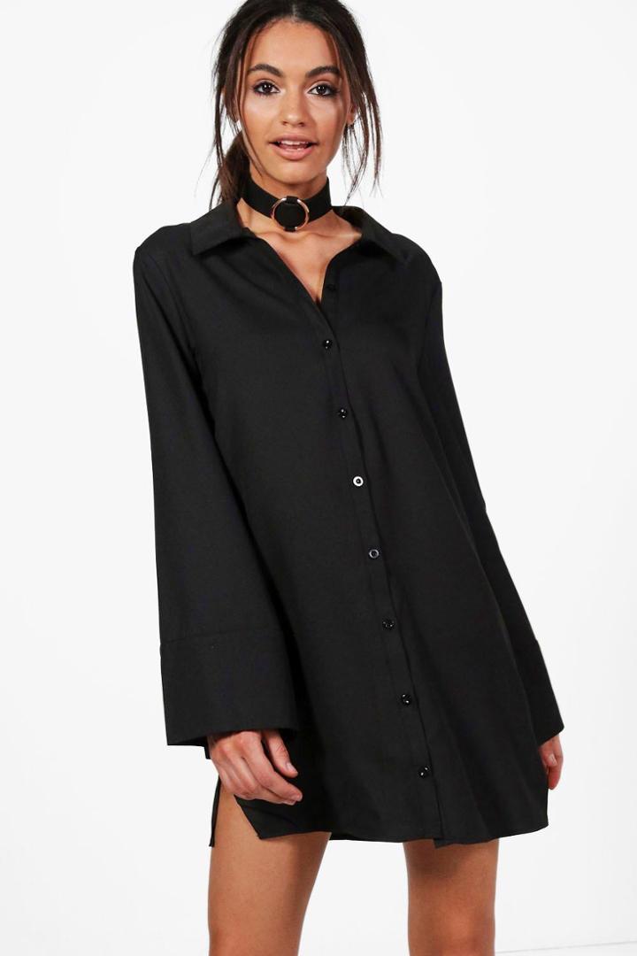 Boohoo Sabina Wide Sleeve Cotton Shirt Dress Black