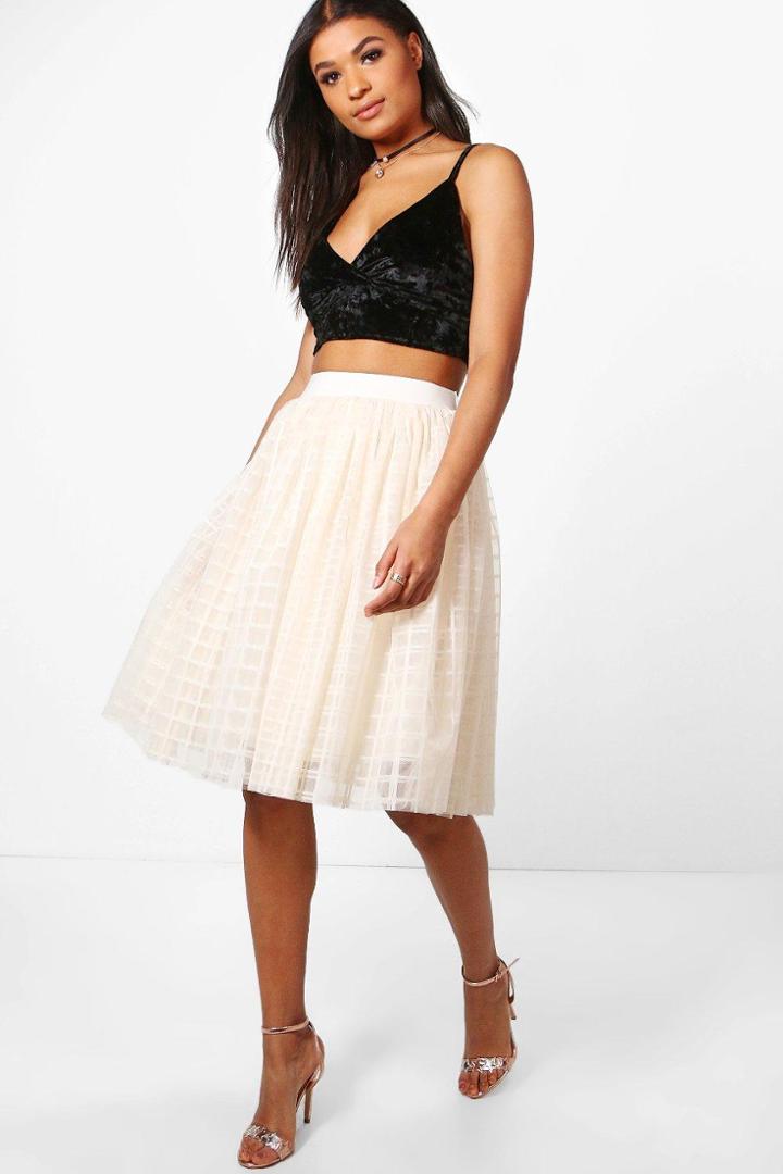 Boohoo Boutique Amala Grid Tulle Full Midi Skirt Cream