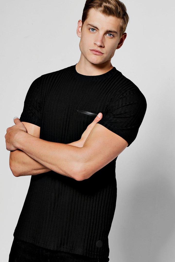 Boohoo Black Ribbed Knit Muscle Fit T-shirt Black
