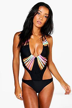 Boohoo Lola Rainbow Multi Bar Swimsuit