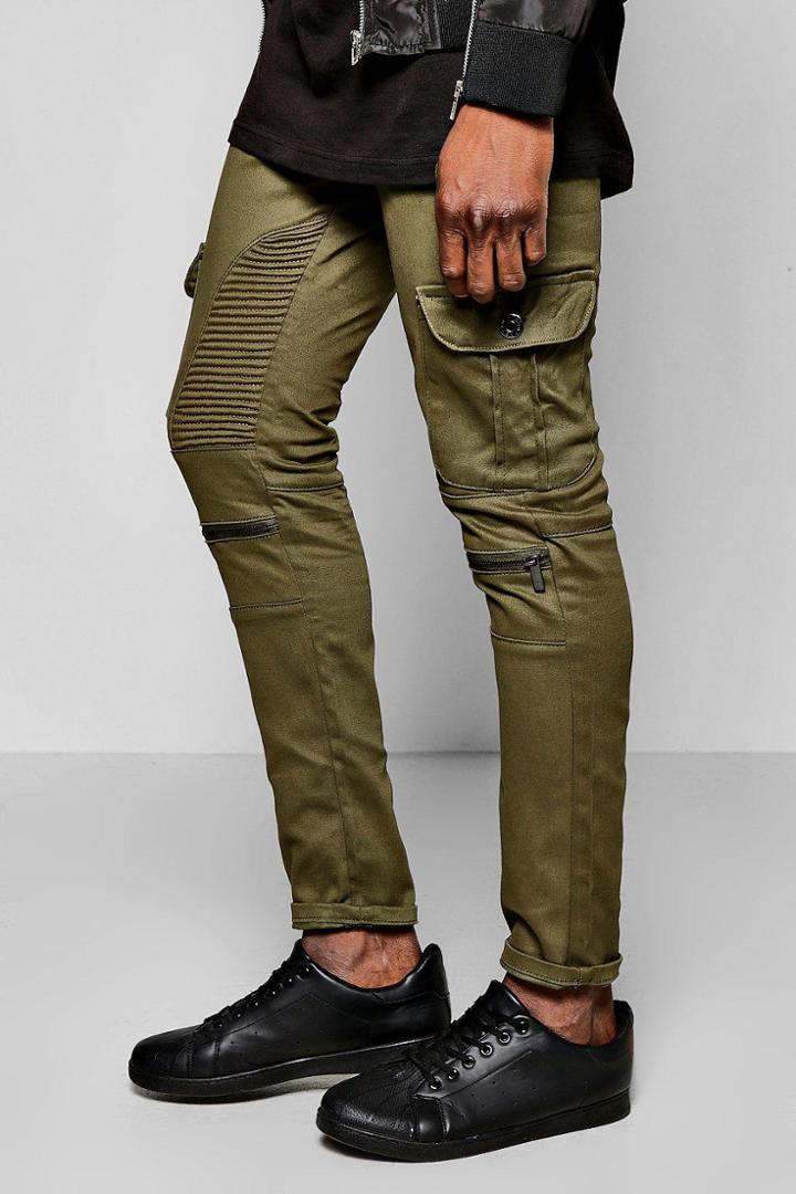 Boohoo Skinny Fit Cargo Biker Jeans With Zips Khaki