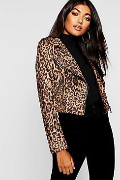 Boohoo Leopard Print Suedette Biker Jacket
