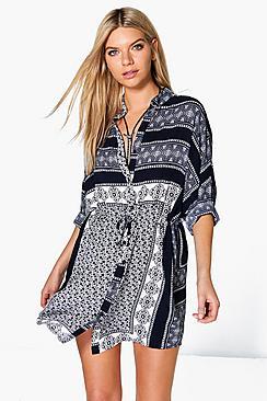 Boohoo Tasha Tile Print Tie Waist Shirt Dress